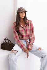 Koszula z kapturem SOHO krata - Fuksja i beż
