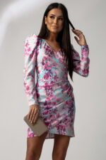 Sukienka Oliwia - Różowe Kwiaty na Niebieskim Tle