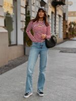 Bluzka esential w paski z rozcięciem - Czerwona - obrazek 3