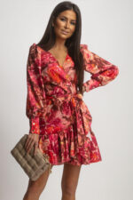 Sukienka "ANNA" Pomarańczowe Kwiaty na Brązowym Tle