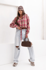 Koszula z kapturem SOHO krata - Fuksja i beż - obrazek 2