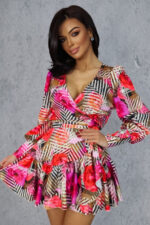 Sukienka "ANNA" krótka - wzór kwiaty róż czerwień paski