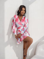 Sukienka "ANNA" krótka - Różowo-niebieskie kwiaty - obrazek 2