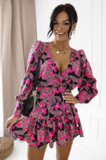 Sukienka "ANNA" krótka Róż i brąz kwiatki