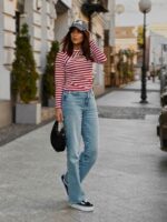 Bluzka esential w paski z rozcięciem - Czerwona - obrazek 4