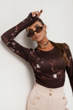Bluzka SHIRA długi rękaw - Brown flowers