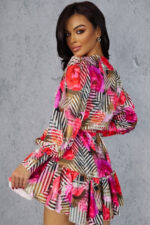 Sukienka "ANNA" krótka - wzór kwiaty róż czerwień paski - obrazek 2